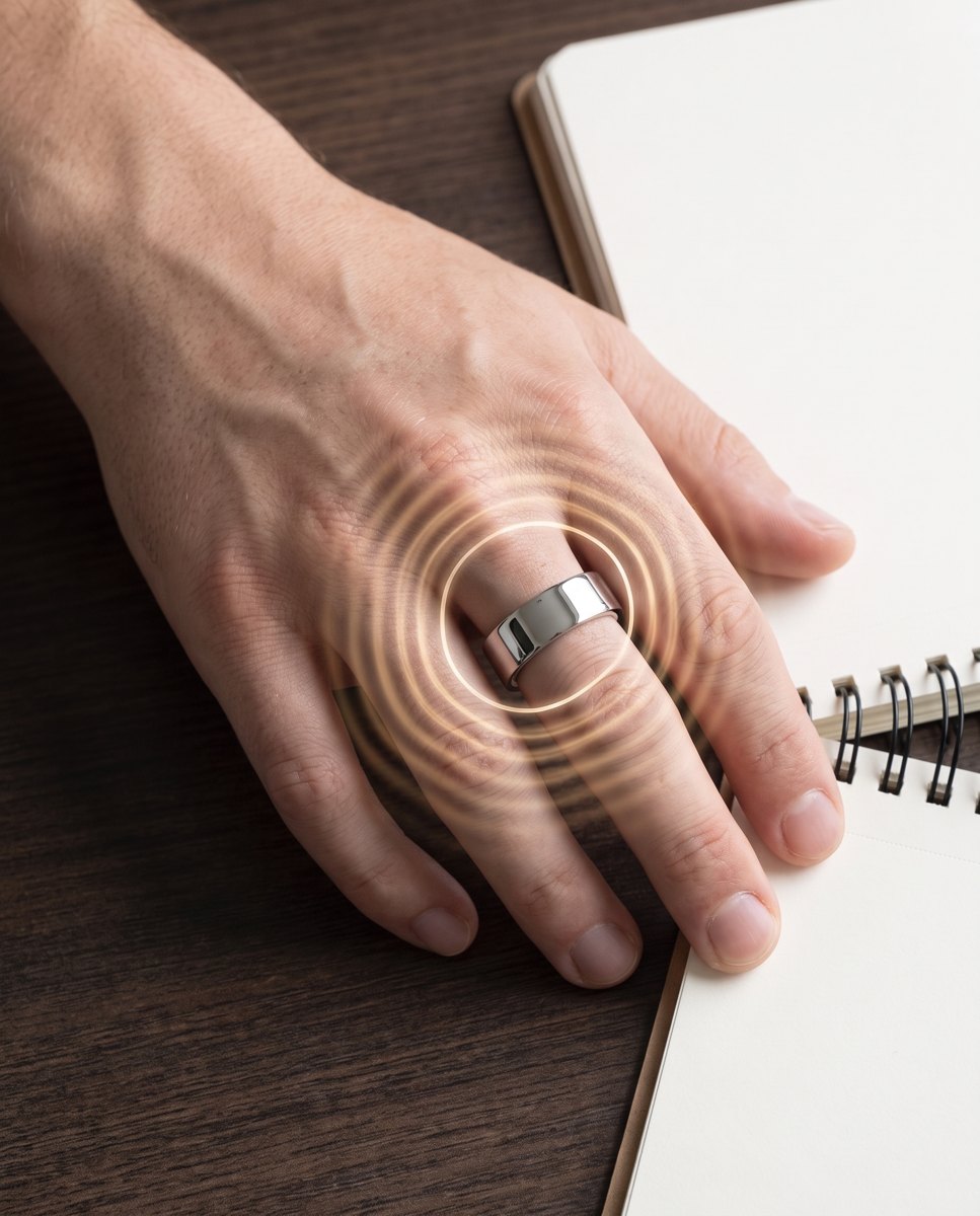 A hand resting on an open notebook, ring pulsing