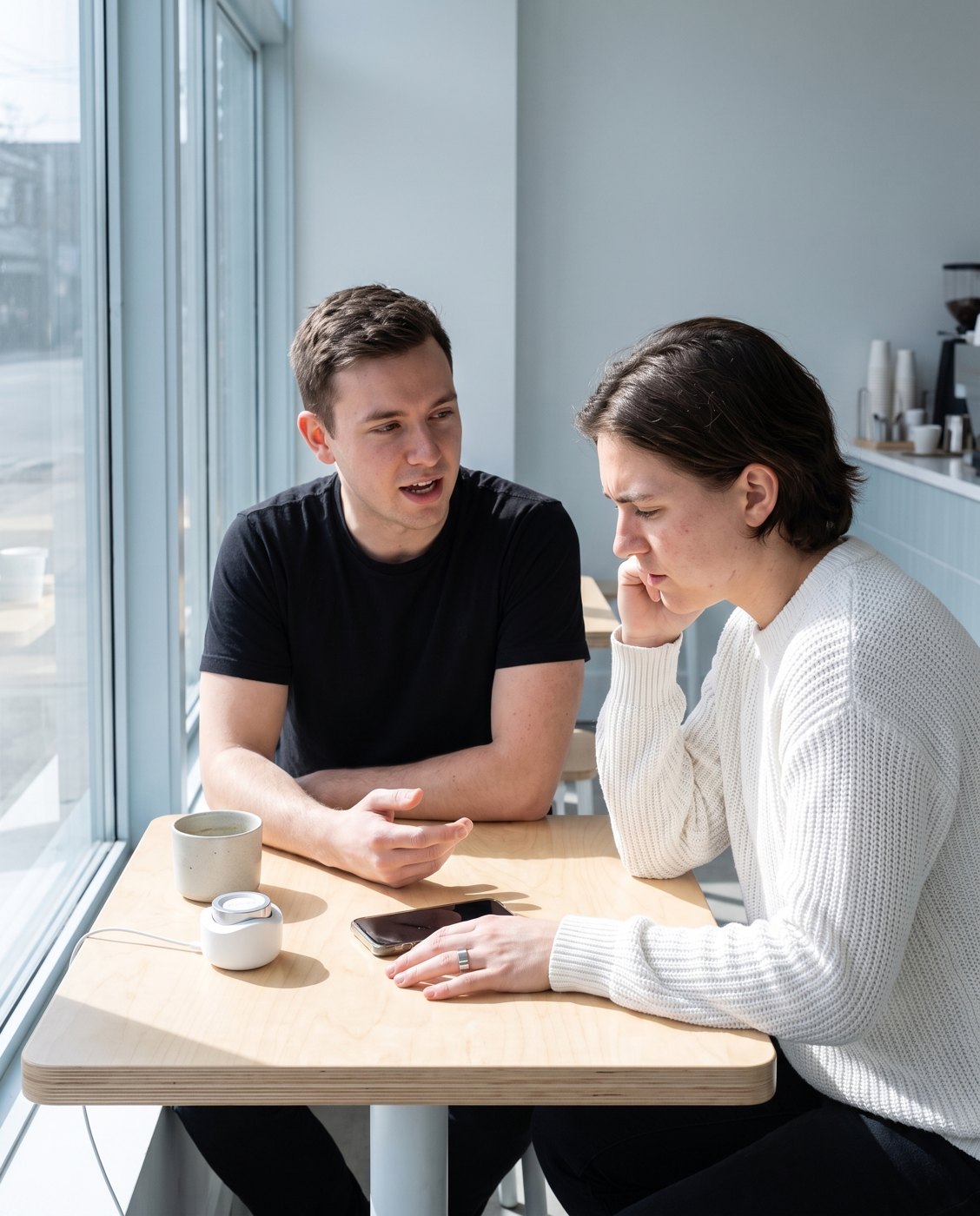 Two people at a table, looking up from their phones